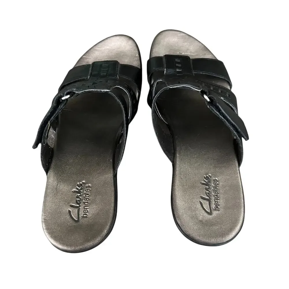 Clarks Bendables Ella Celtic Sandals 8.5 Black Leather Laser Cutout Wedge Slide